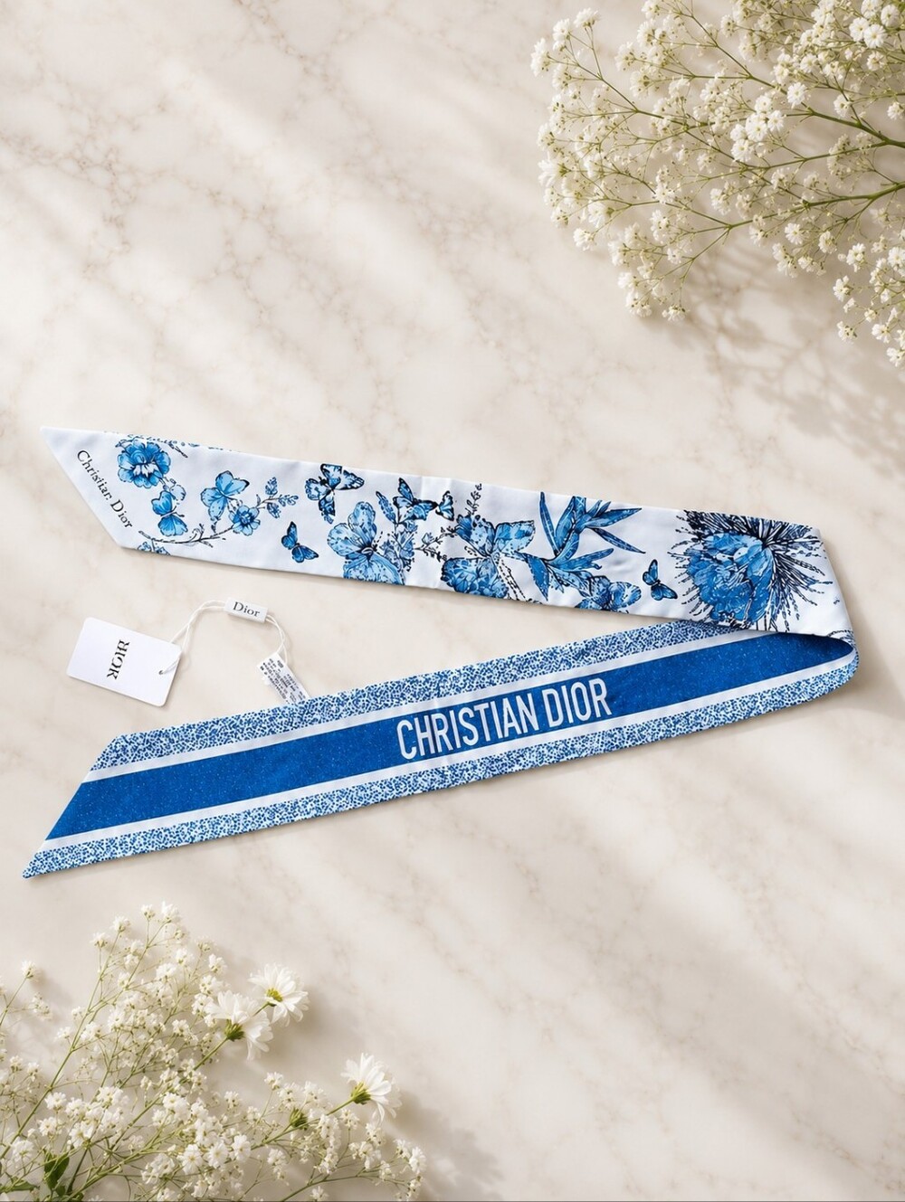Dior Blue and White Silk Butterfly Twilly Hair Neck Bag Scarf NEW GWP